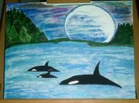 Whales And Moon - Canvas Acrylic Paint Paintings - By Jacque Gross, Nature Painting Artist