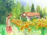 A Walk Among Sunflowers - Watercolor Paintings - By Freddie Combs, Realistic Painting Artist