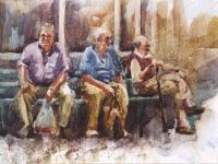 Old Men Waiting - Watercolor Paintings - By Freddie Combs, Realistic Painting Artist