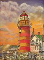 Lighthouse At Sunset - Oils And Acrylics Paintings - By B Scott, Lighthouses Painting Artist