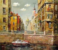 Cityscape - St Petersburg View Across Fontanka River - Oil On Canvas