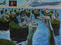 The Small Islands Of The Great Boredom - Oil And Collage On Canvas 130X Paintings - By Agim Meta, Surreal Painting Artist