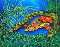 Curious Sea Turtle - Silk Painting Mixed Media - By Ursula Schroter, Dyes On Silk Mixed Media Artist