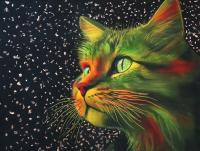 Galaxy Cat - Silk Painting Mixed Media - By Ursula Schroter, Silk Paint On Silk Mixed Media Artist