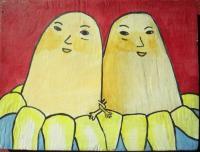Banana 07-Couple - Watercolor On Plywood Paintings - By Louise Hung, Caricature Painting Artist