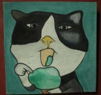 Cat 06 - Watercolor On Plywood Paintings - By Louise Hung, Caricature Painting Artist