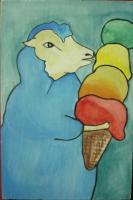 Ice Cream 02-Sheep - Watercolor On Plywood Paintings - By Louise Hung, Caricature Painting Artist