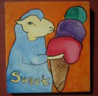Ice Cream 05-Sheep - Watercolor On Plywood Paintings - By Louise Hung, Caricature Painting Artist