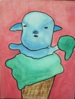 Ice Cream 08-Baby Sheep - Watercolor On Plywood Paintings - By Louise Hung, Caricature Painting Artist