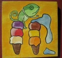 Ice Cream 09- Lizard - Watercolor On Plywood Paintings - By Louise Hung, Caricature Painting Artist