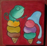 Ice Cream 10-Lizard - Watercolor On Plywood Paintings - By Louise Hung, Caricature Painting Artist