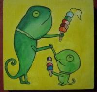 Ice Cream 12-Lizard - Watercolor On Plywood Paintings - By Louise Hung, Caricature Painting Artist