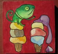Ice Cream 13-Lizard - Watercolor On Plywood Paintings - By Louise Hung, Caricature Painting Artist