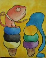 Ice Cream 15-Lizard - Watercolor On Plywood Paintings - By Louise Hung, Caricature Painting Artist