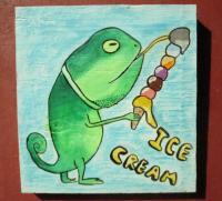 Ice Cream 16-Lizard - Watercolor On Plywood Paintings - By Louise Hung, Caricature Painting Artist