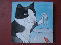 Scientist Cat - Watercolor On Plywood Paintings - By Louise Hung, Caricature Painting Artist