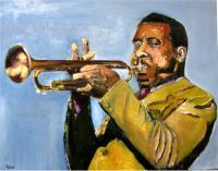 Trumpeter Blue Mitchell - Oil On Canvas Paintings - By Udi Peled, Impressionism Painting Artist