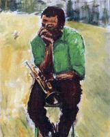 Miles Davis With A Green Shirt - Oil On Canvas Paintings - By Udi Peled, Impressionism Painting Artist