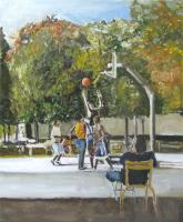 Basket Ball In The Park - Oil On Canvas Paintings - By Udi Peled, Impressionism Painting Artist