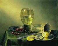 Old Master Style Oil With Wine Glass Cherries And Lemon - Oil On Linen Paintings - By Gary Sisco, Old Master Painting Artist