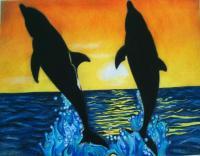 Dolphins At Sunset - Colored Pencil Drawings - By Carl Parker, Realist Drawing Artist