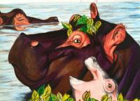 Hippo Family - Colored Pencil Drawings - By Carl Parker, Realist Drawing Artist