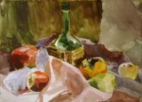Still-Life With Green Bottle And Fruits - Watercolor Paintings - By Inga Karelina, Impressionism Painting Artist