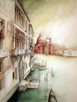 Palazzo Franchetti And Santa Maria De La Salute - Watercolor Paintings - By Manuel Gonzales, Architectural Realism Painting Artist