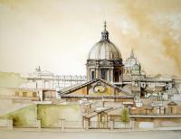 Rooftops Of Rome - Watercolor Paintings - By Manuel Gonzales, Architectural Realism Painting Artist