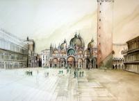 Piazza San Marco - Watercolor Paintings - By Manuel Gonzales, Architectural Realism Painting Artist