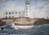 Painted And Enhanced From Phot - Scarborough Lighthouse And Lifeboat - Oil