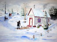 A Snowy Church Day - Giclee Print Paintings - By John Lane, Realism Painting Artist