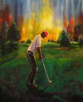 Golfing Into The Setting Sun - Acrylic On Canvas Paintings - By John Lane, Imaginative Painting Artist