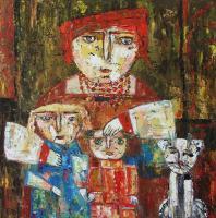 Mammy Children And Cat Oil Painting Bogomolnik - Oil Painting On Canvas Paintings - By Elin Bogomolnik, Modern Abstract Cubism Painting Artist