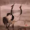 Two Cranes - Sumi Ink Water Color Paintings - By Kayo Beach, Sumie Painting Artist