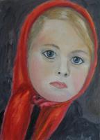 Child With Red Scarf - Oil On Canvas Paintings - By Maria Karalyos, Realism Painting Artist