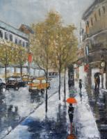 Cityscape - A Woman With A Red Umbrella - Oil On Canvas