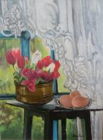 Still Life - Still Life With Red Tulips - Oil On Canvas