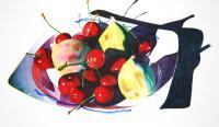 Fish Dish Cherries  Figs - Watercolor Paintings - By Sarah Bent, Realism Painting Artist