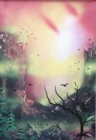 Fantasy World Paintings - Chasm Of Birds - Spray Paint On Paperboard