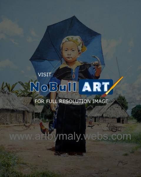 Hmong - The Little Girl With The Blue Umbrella - Gouache