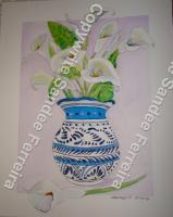 Cali Lillies In Talavera Vase - Watercolor Paintings - By Sandee Ferreira, Traditional Painting Artist