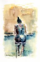 Woman On A Barstool - Watercolour And Pencil Paintings - By Paul Taylor, Impressionist Painting Artist