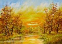 Sunset - Oil On Veneer Paintings - By Karola Kiss, Realism Painting Artist