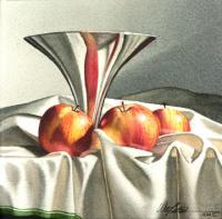 Chrome Compote With Appes - Transparent Watercolor Paintings - By Michael J. Weber Aws, Realistic Painting Artist