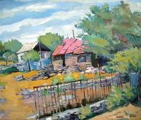 House With Red Roof In Orgov Village - Oil On Canvas Paintings - By Arthur Khachar, Impressionism Painting Artist