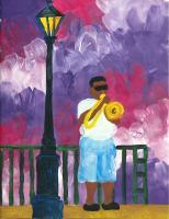 Street Musician - Tempera Paintings - By Angela Nhu, Impressionist Painting Artist