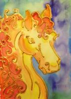 Golden Horse - Acrylic And Watercolor Paintings - By Angela Nhu, Art Nouveau Painting Artist