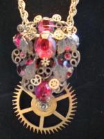 Red Geared Dress Clip Pendant - Metal  Glass Jewelry - By Sam Vanbibber, Re-Purposed Or Steampunk Jewelry Artist