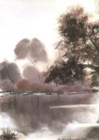Autumn Lakeside - Watercolor Paintings - By Hans Aabeck-Ackermann, Impressionist Painting Artist